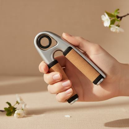 Spring grip hand strengthener held in hand against warm neutral background