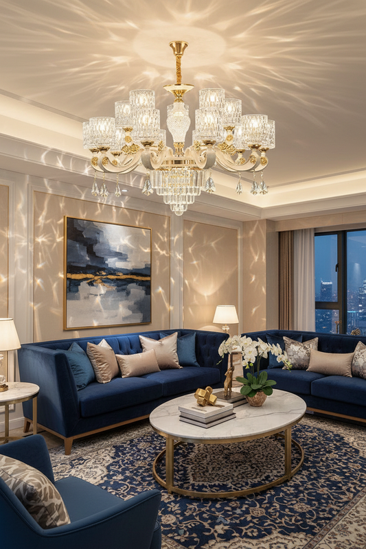 Crystal LED chandelier as a statement centerpiece in a luxury living room casting sparkling light reflections