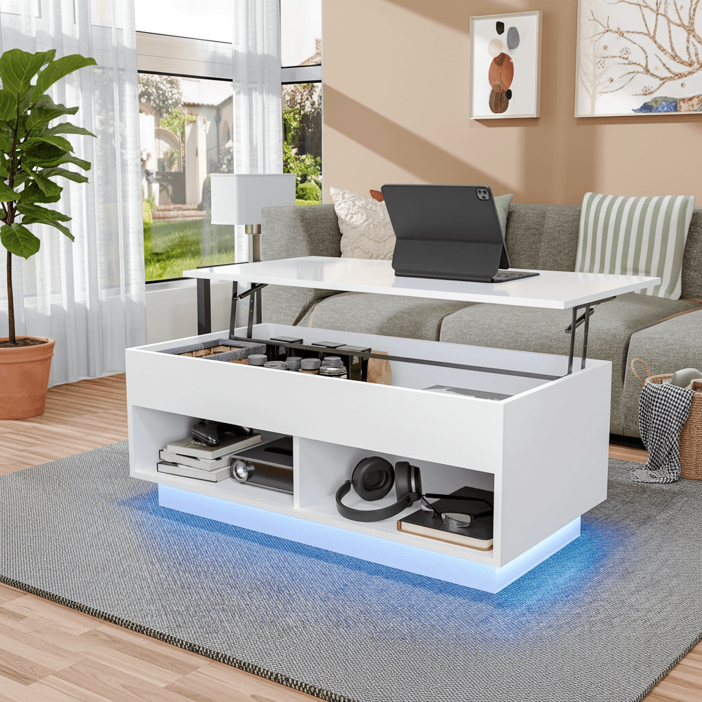 High gloss white LED lift top coffee table with hidden storage and ambient lighting in modern living room