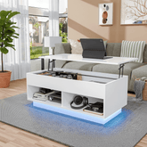 High gloss white LED lift top coffee table with hidden storage and ambient lighting in modern living room