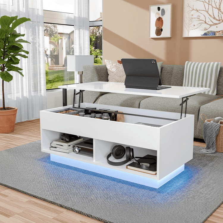 High gloss white LED lift top coffee table with hidden storage and ambient lighting in modern living room