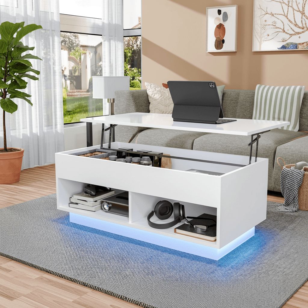 Light Up the Room — LED Lift Top Coffee Table with Hidden Storage in High Gloss White