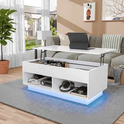 Light Up the Room — LED Lift Top Coffee Table with Hidden Storage in High Gloss White