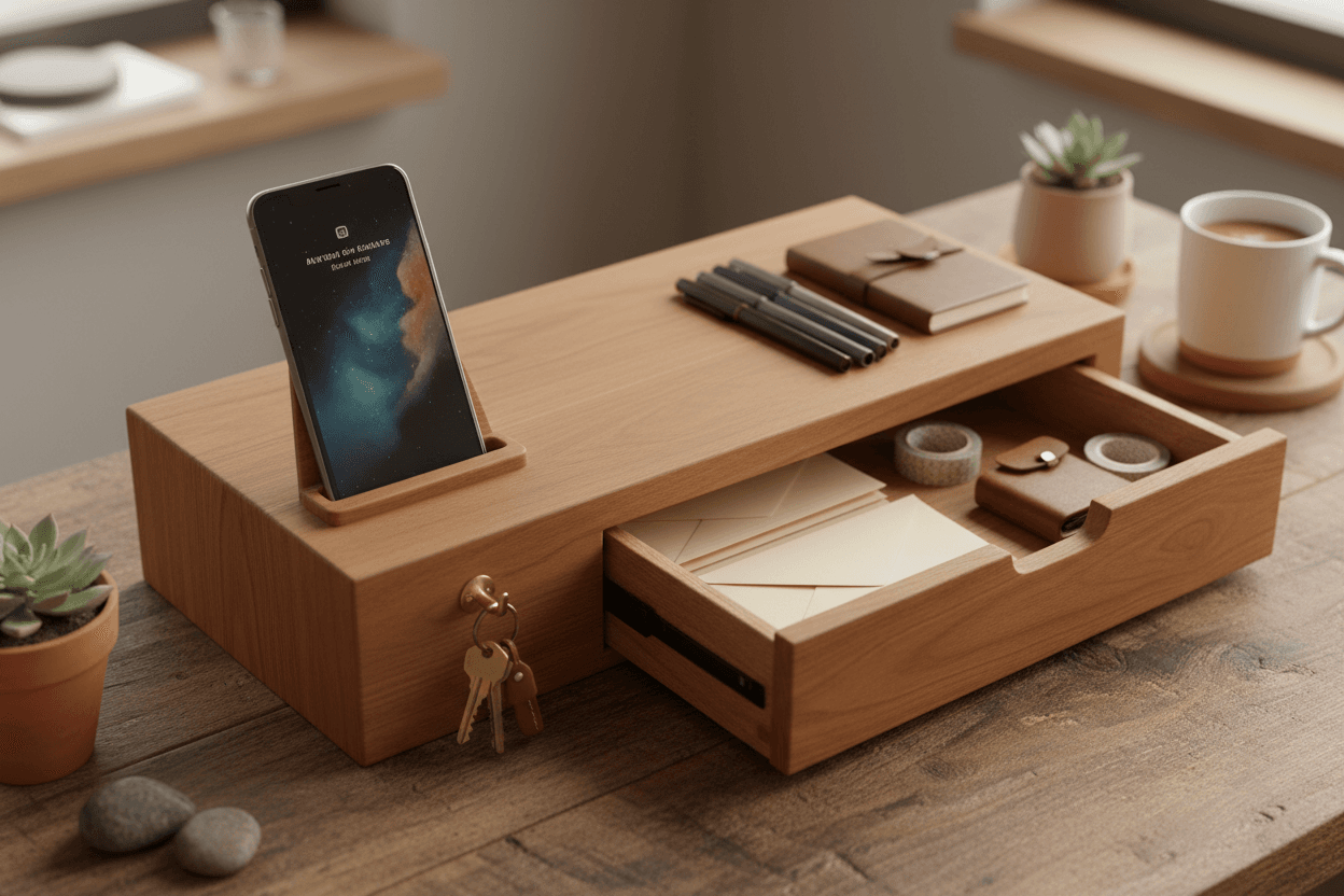 Lift, Store, Organise — Monitor Stand with Drawers, Key Hook &amp; Phone Holder