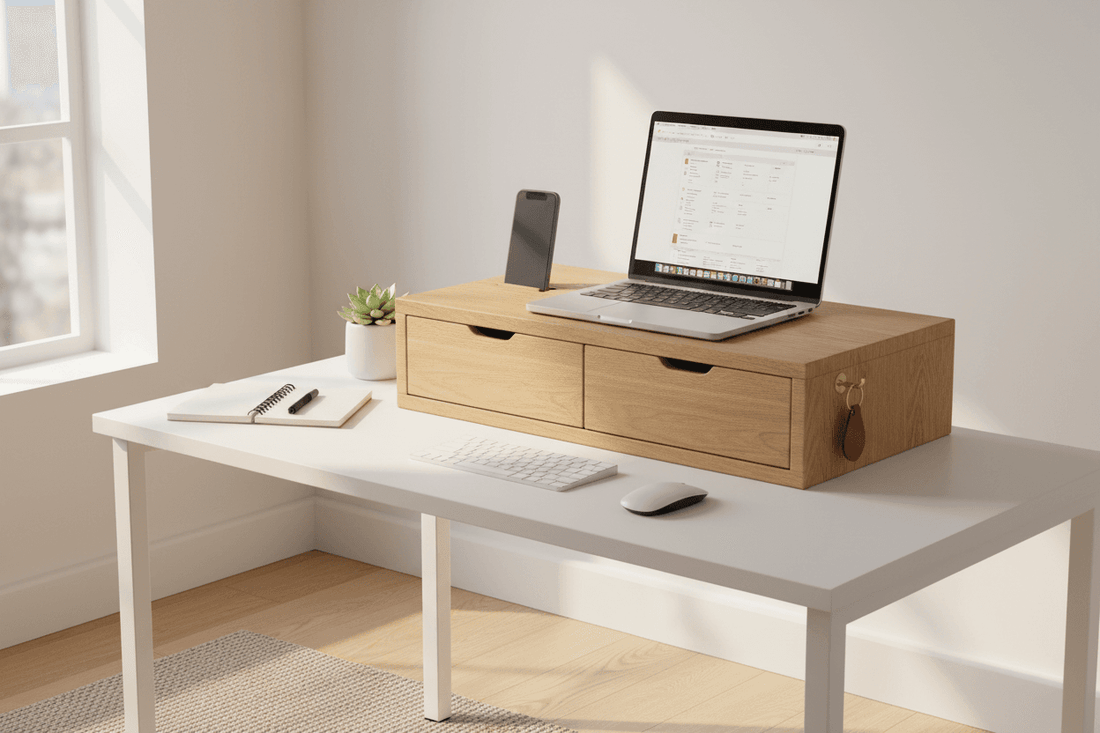 Lift, Store, Organise — Monitor Stand with Drawers, Key Hook &amp; Phone Holder