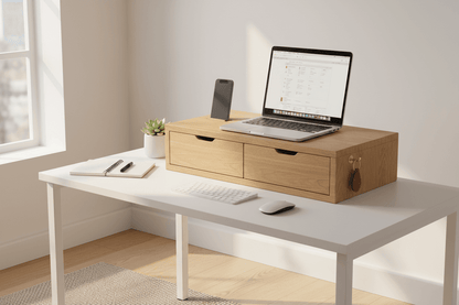Lift, Store, Organise — Monitor Stand with Drawers, Key Hook &amp; Phone Holder