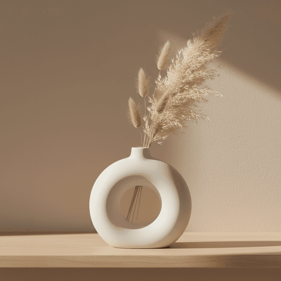 Sleek porcelain doughnut vase with dried pampas on a modern shelf