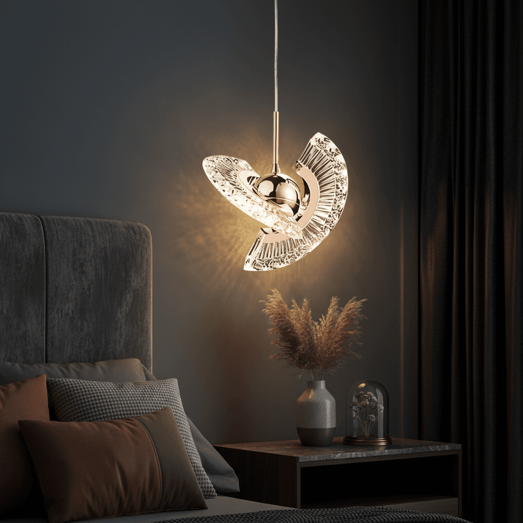 Modern rose gold LED pendant light with sleek metal finish in stylish bedroom setting