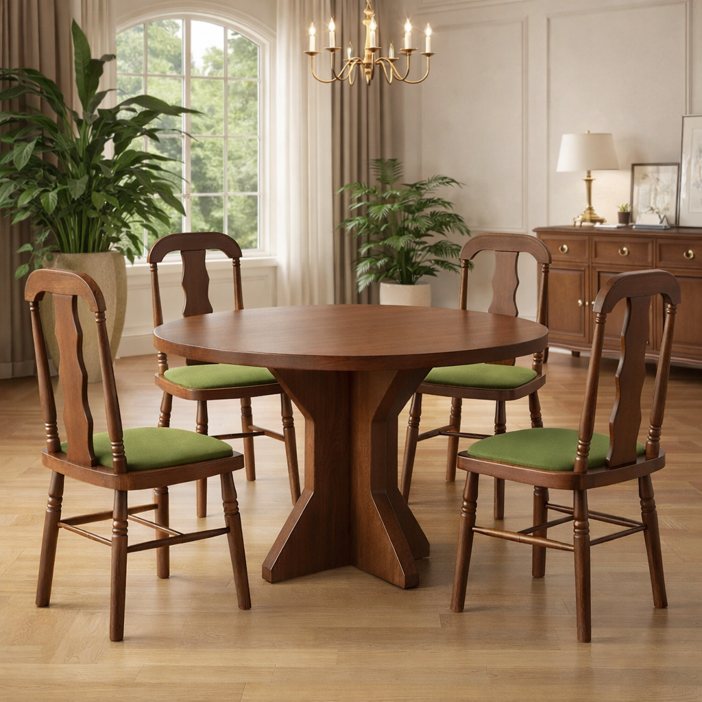 The Gathered Table — 47" Round Dining Set with 4 Carved Upholstered Chairs