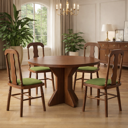 The Gathered Table — 47" Round Dining Set with 4 Carved Upholstered Chairs