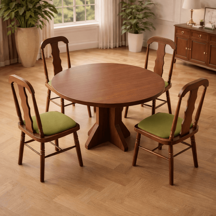 47" Round Dining Table Set with 4 Upholstered Carved Back Chairs, Brown Dining Room Set-1