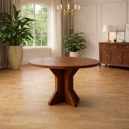 The Gathered Table — 47" Round Dining Set with 4 Carved Upholstered Chairs