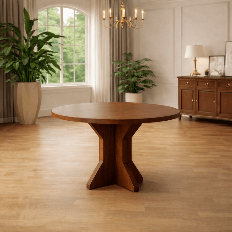 47" Round Dining Table Set with 4 Upholstered Carved Back Chairs, Brown Dining Room Set-3