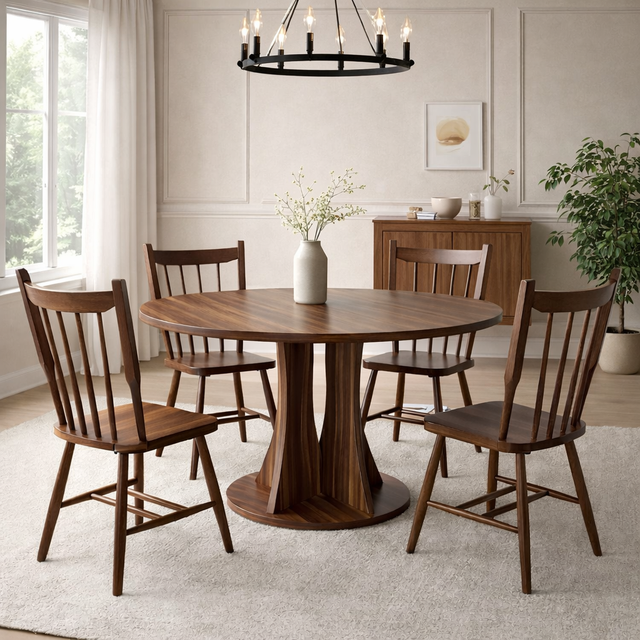 The Windsor Circle — 47" Round Walnut Dining Set with 4 Spindle Back Chairs