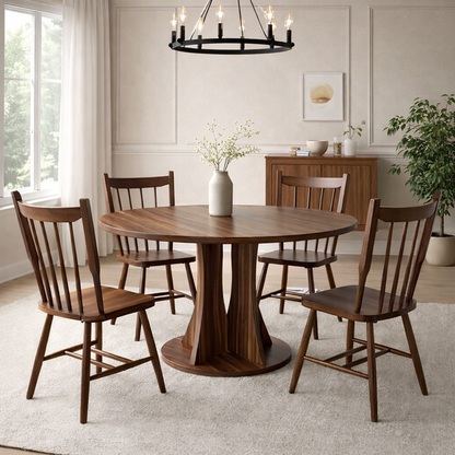 The Windsor Circle — 47" Round Walnut Dining Set with 4 Spindle Back Chairs