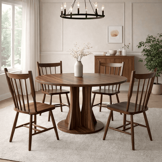 47" Round Walnut Dining Table with 4 Windsor Spindle Back Chairs 5-Piece Dining Set-0