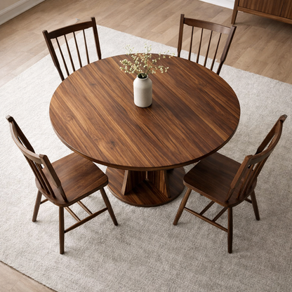 The Windsor Circle — 47" Round Walnut Dining Set with 4 Spindle Back Chairs