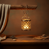 Vintage hanging tealight lantern birdcage casting warm flickering light and intricate shadows