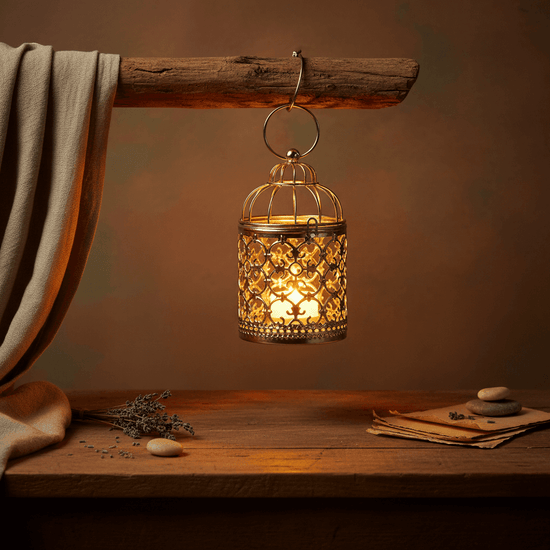 Vintage hanging tealight lantern birdcage casting warm flickering light and intricate shadows