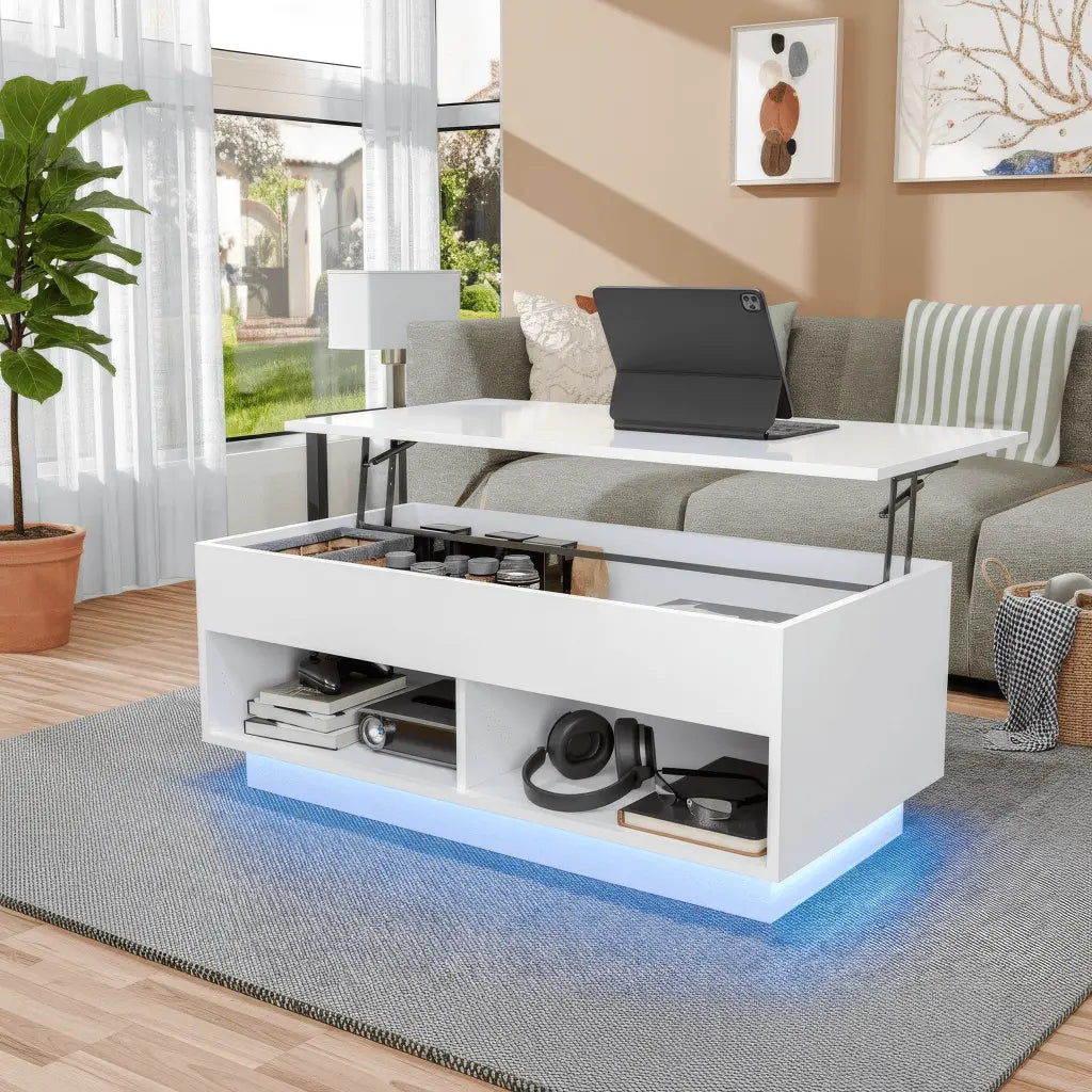Light Up the Room — LED Lift Top Coffee Table with Hidden Storage in High Gloss White Jonine’s Corner
