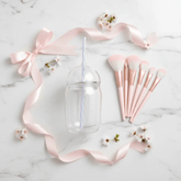 Teen girl gift set with glass cup, lid, straw, and makeup brushes for ages 8-15