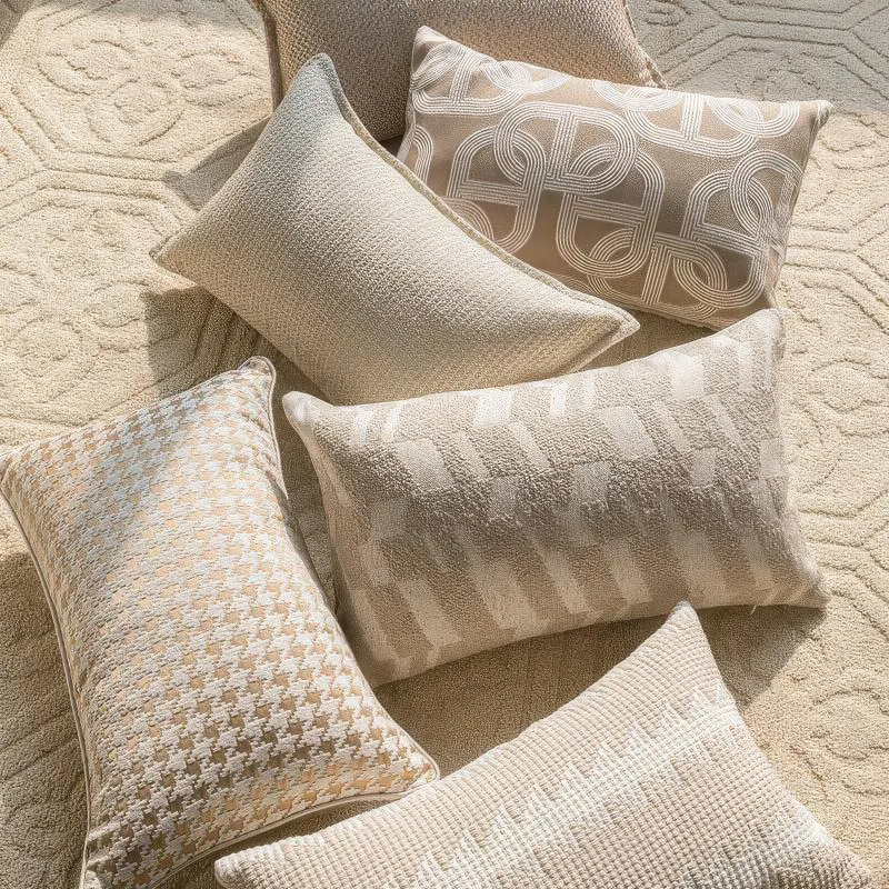 French Cream Jacquard Lumbar Pillow Cover — Embroidered Cushion Cover 12×20in