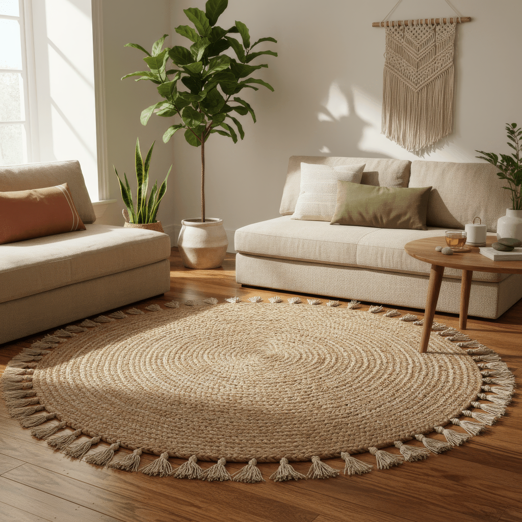 The Grounding Layer — Handwoven Natural Jute Round Rug with Tassels