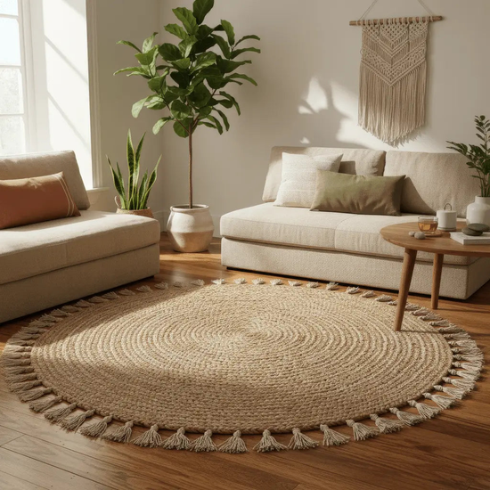 The Grounding Layer — Handwoven Natural Jute Round Rug with Tassels Jonine’s Corner
